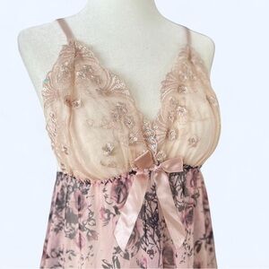 Pink Floral Embroidered Slip Dress Lingerie Bow Detail Coquette Fairycore Dainty